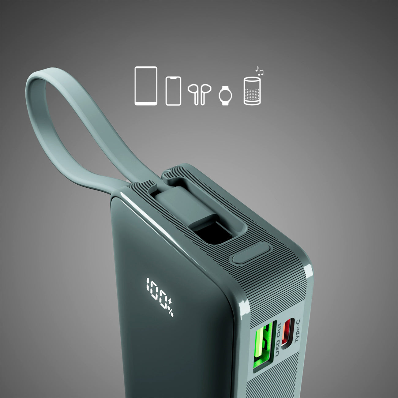 SBS išorinė baterija 10000 mAh 20W su integruotu USB-C laidu ir skaitmeniniu ekranu pilka