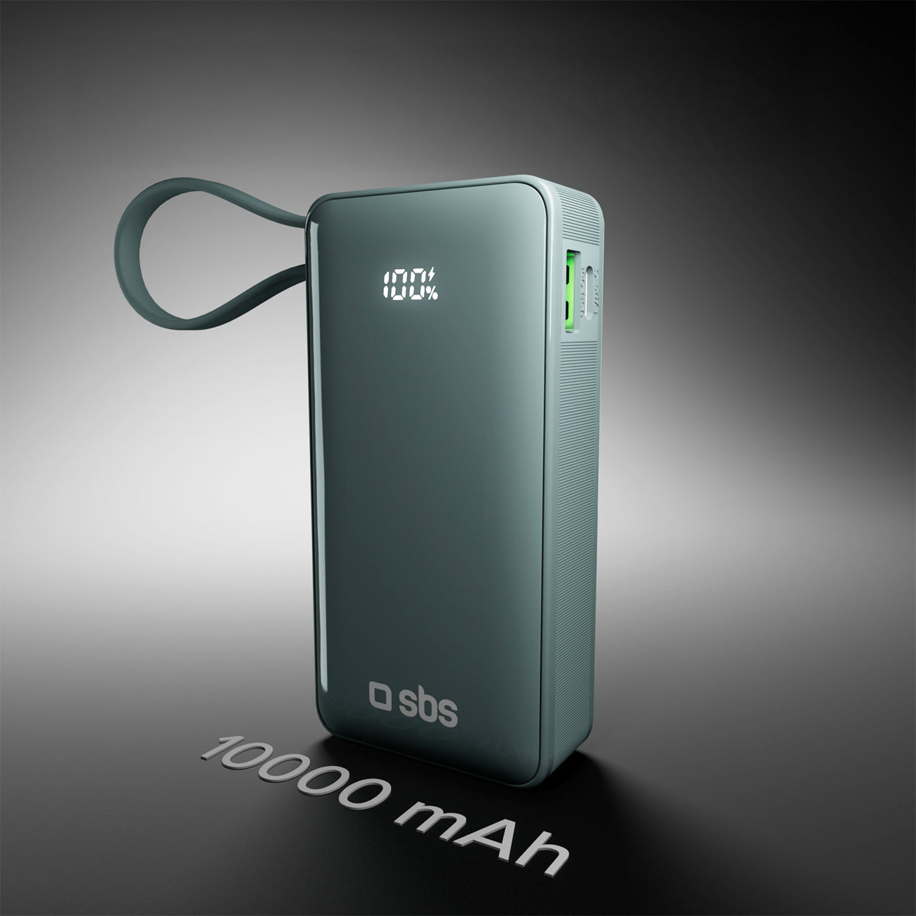 SBS išorinė baterija 10000 mAh 20W su integruotu USB-C laidu ir skaitmeniniu ekranu pilka
