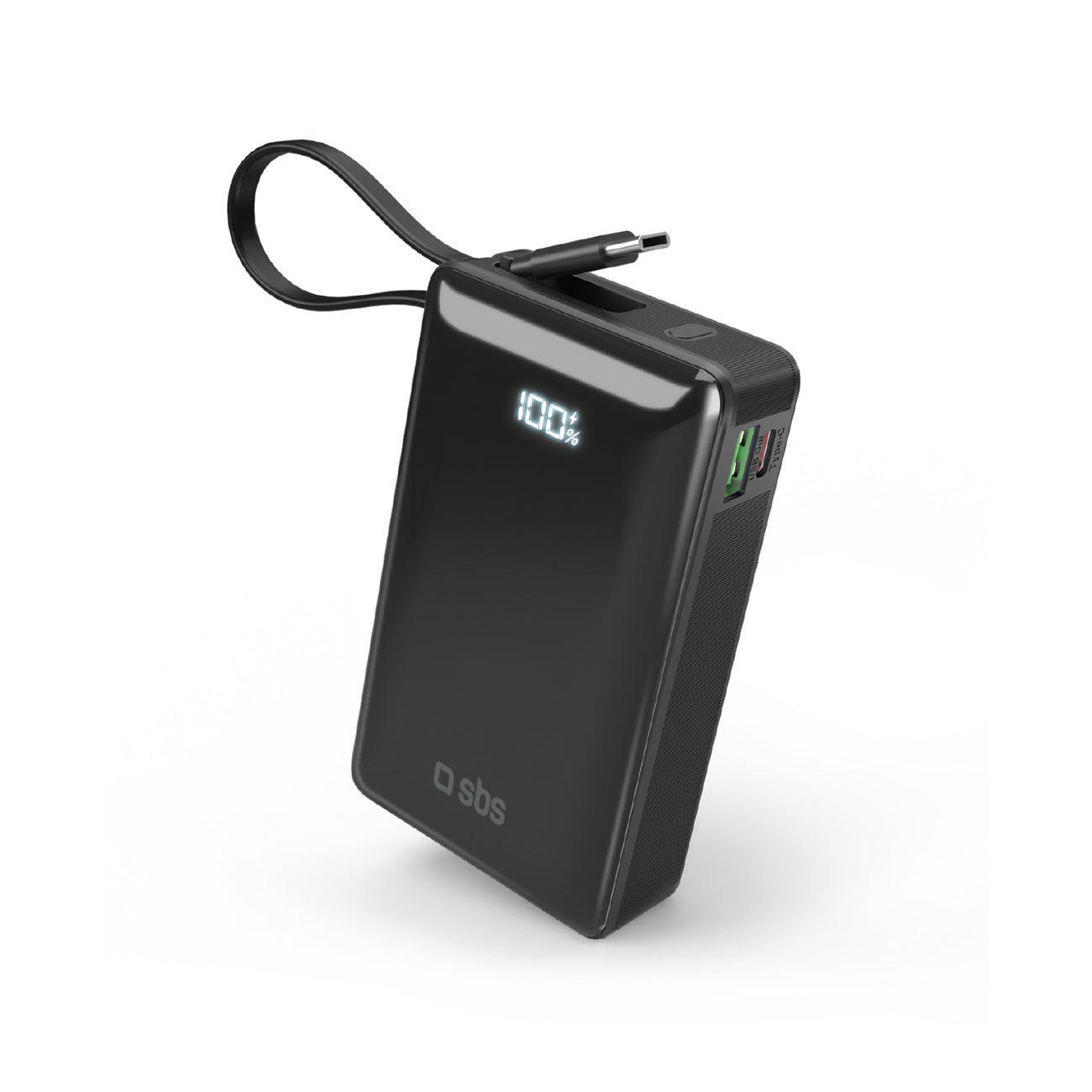 SBS išorinė baterija 20000 mAh 20W su integruotu USB-C laidu ir skaitmeniniu ekranu juoda