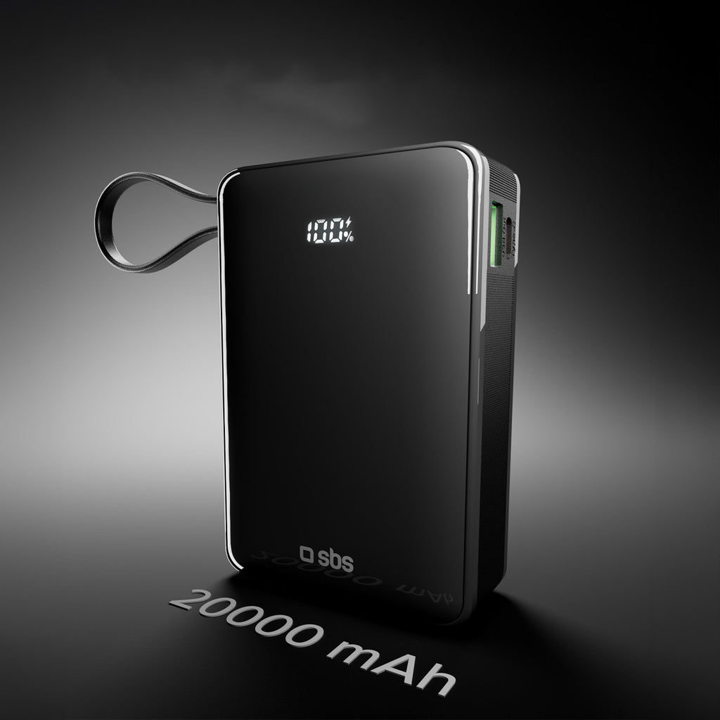 SBS išorinė baterija 20000 mAh 20W su integruotu USB-C laidu ir skaitmeniniu ekranu juoda