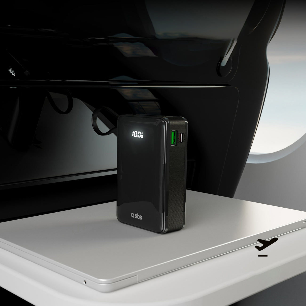 SBS išorinė baterija 20000 mAh 20W su integruotu USB-C laidu ir skaitmeniniu ekranu juoda