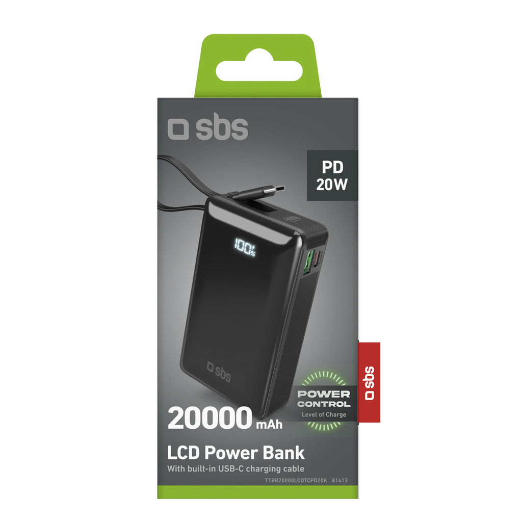 SBS išorinė baterija 20000 mAh 20W su integruotu USB-C laidu ir skaitmeniniu ekranu juoda