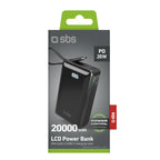 SBS išorinė baterija 20000 mAh 20W su integruotu USB-C laidu ir skaitmeniniu ekranu juoda