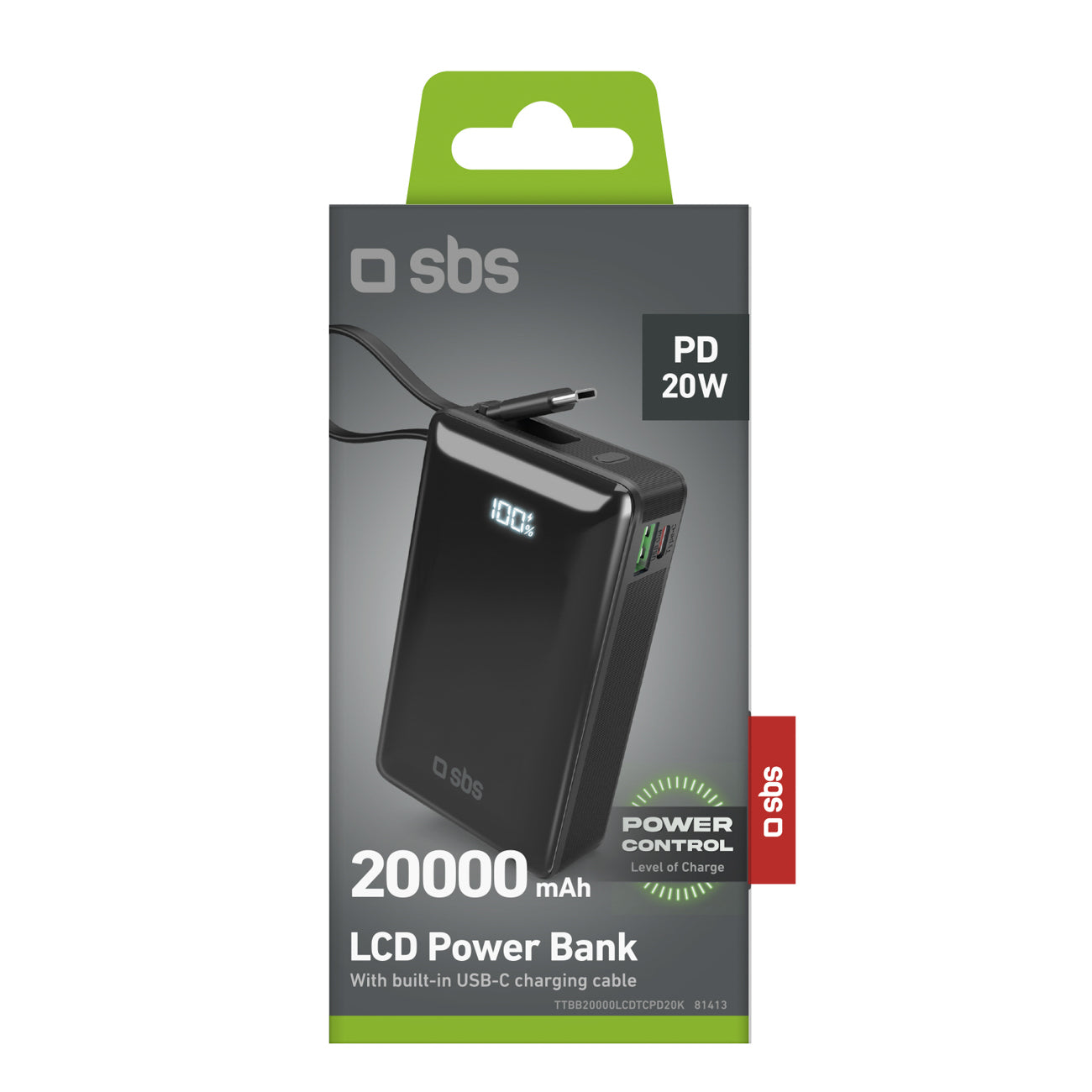 SBS išorinė baterija 20000 mAh 20W su integruotu USB-C laidu ir skaitmeniniu ekranu juoda