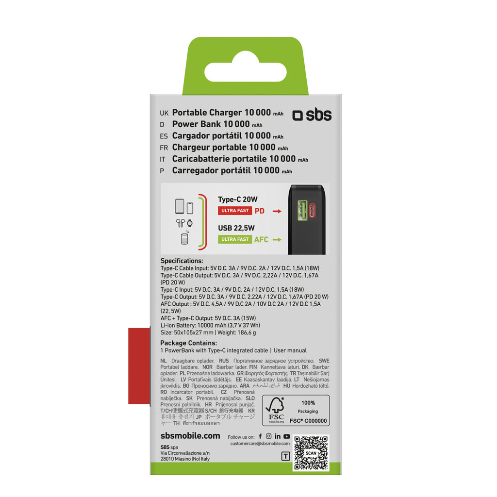 SBS išorinė baterija 20000 mAh 20W su integruotu USB-C laidu ir skaitmeniniu ekranu juoda