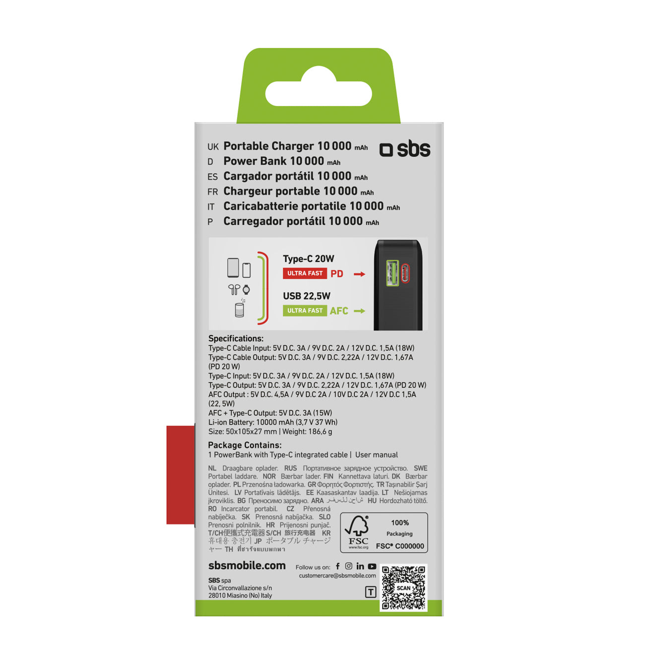 SBS išorinė baterija 20000 mAh 20W su integruotu USB-C laidu ir skaitmeniniu ekranu juoda