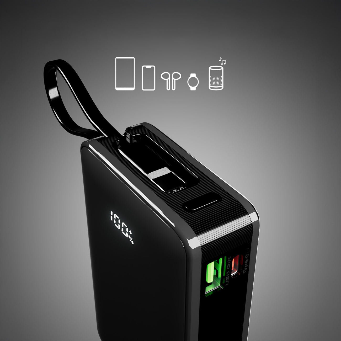 SBS išorinė baterija 20000 mAh 20W su integruotu USB-C laidu ir skaitmeniniu ekranu juoda