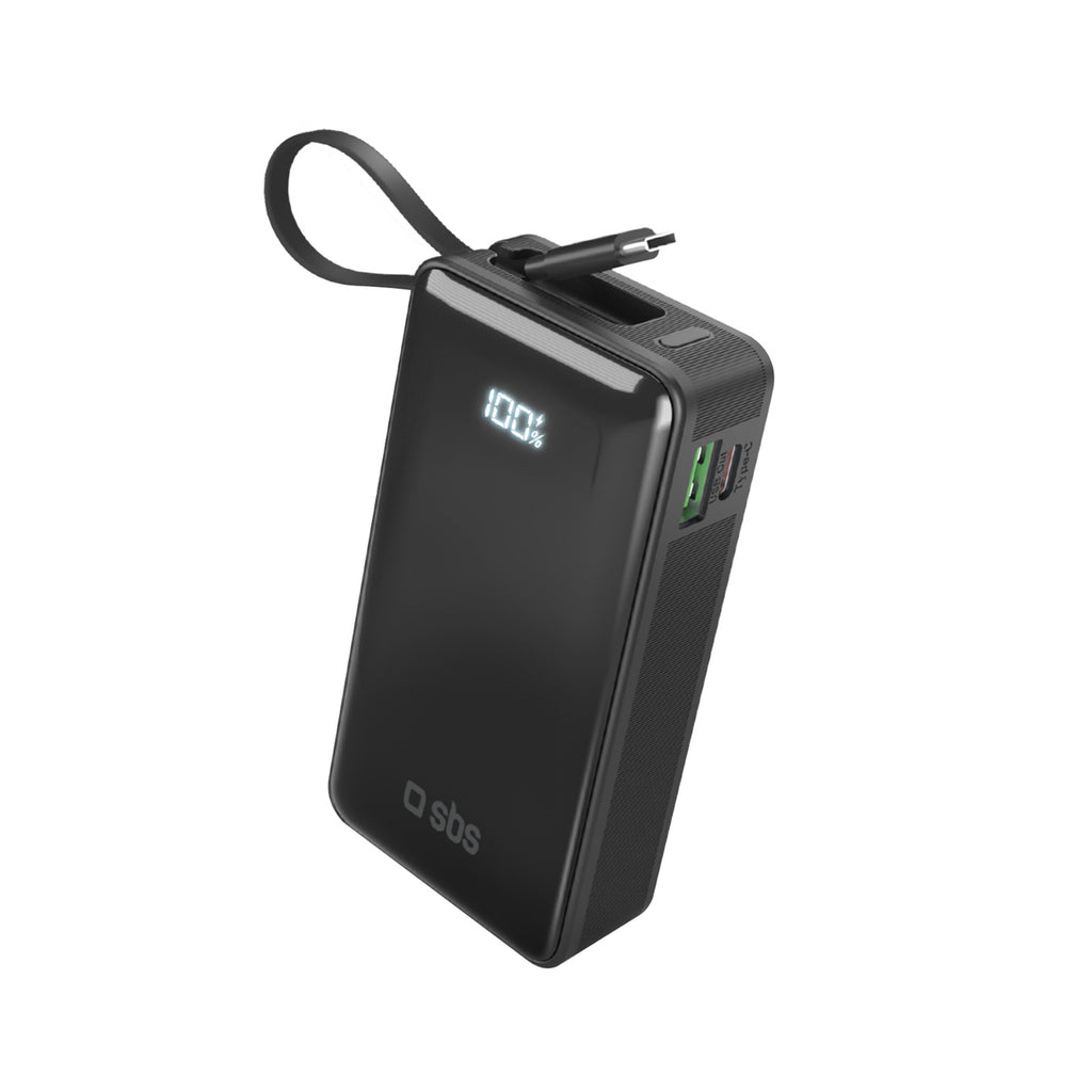 SBS išorinė baterija 10000 mAh 20W su integruotu USB-C laidu ir skaitmeniniu ekranu juoda