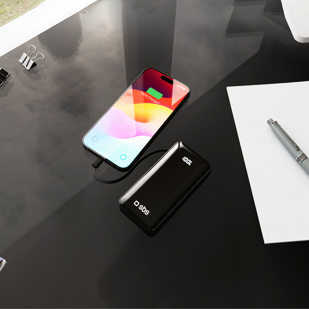 SBS išorinė baterija 10000 mAh 20W su integruotu USB-C laidu ir skaitmeniniu ekranu juoda