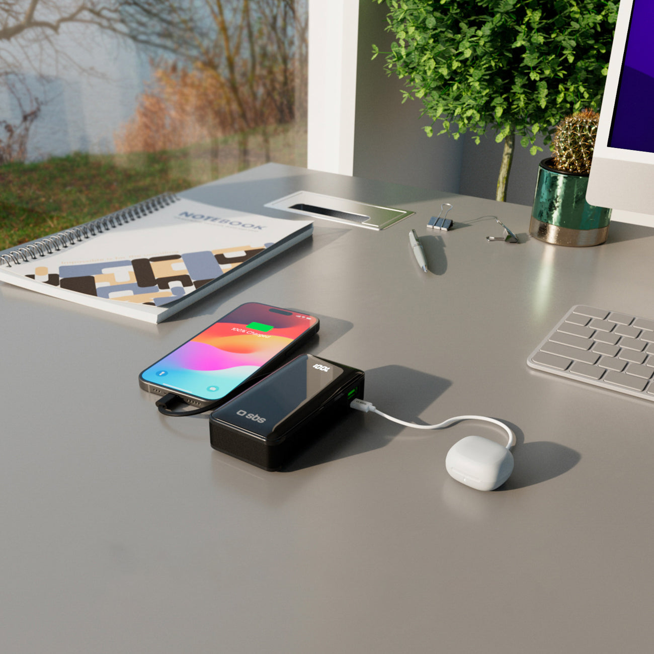 SBS išorinė baterija 10000 mAh 20W su integruotu USB-C laidu ir skaitmeniniu ekranu juoda