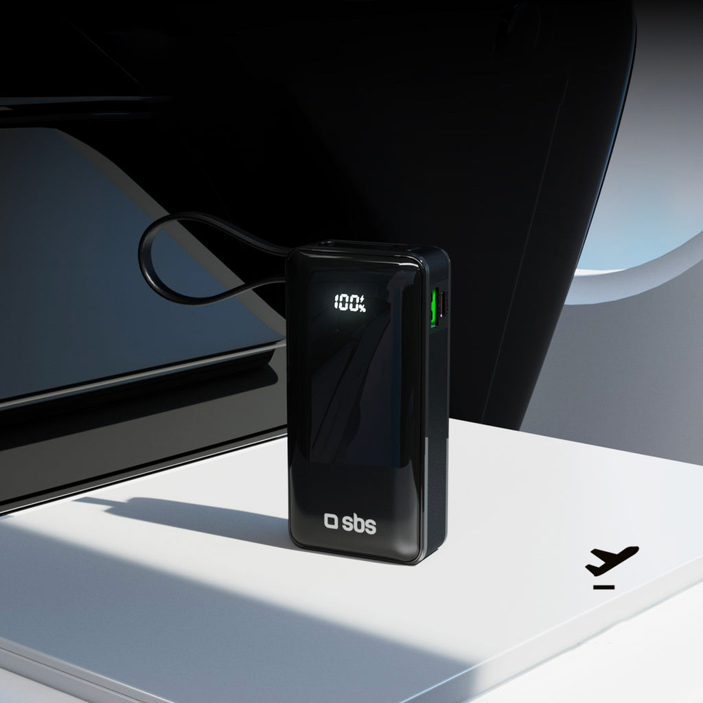 SBS išorinė baterija 10000 mAh 20W su integruotu USB-C laidu ir skaitmeniniu ekranu juoda