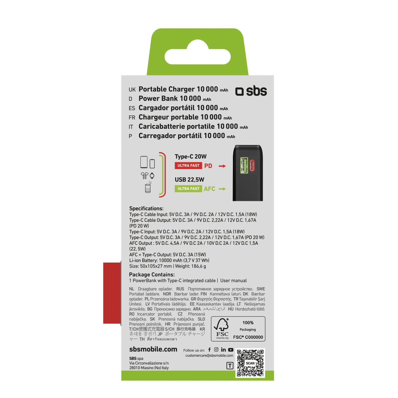 SBS išorinė baterija 10000 mAh 20W su integruotu USB-C laidu ir skaitmeniniu ekranu juoda