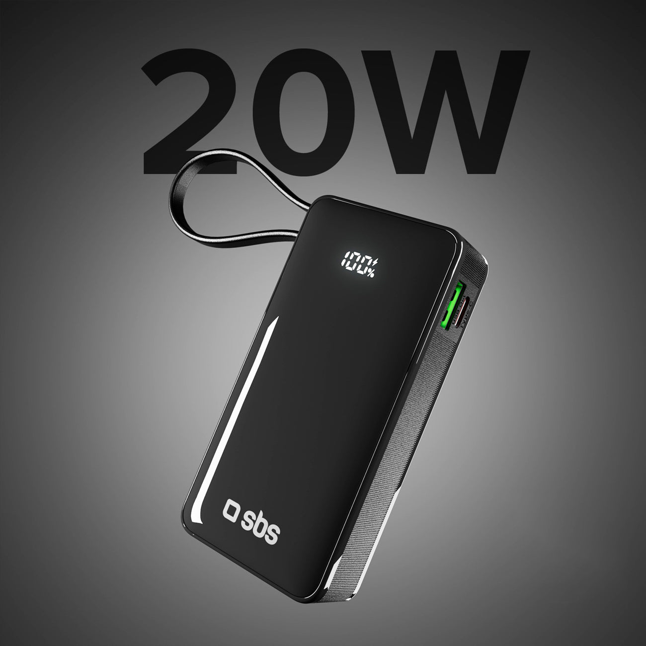 SBS išorinė baterija 10000 mAh 20W su integruotu USB-C laidu ir skaitmeniniu ekranu juoda
