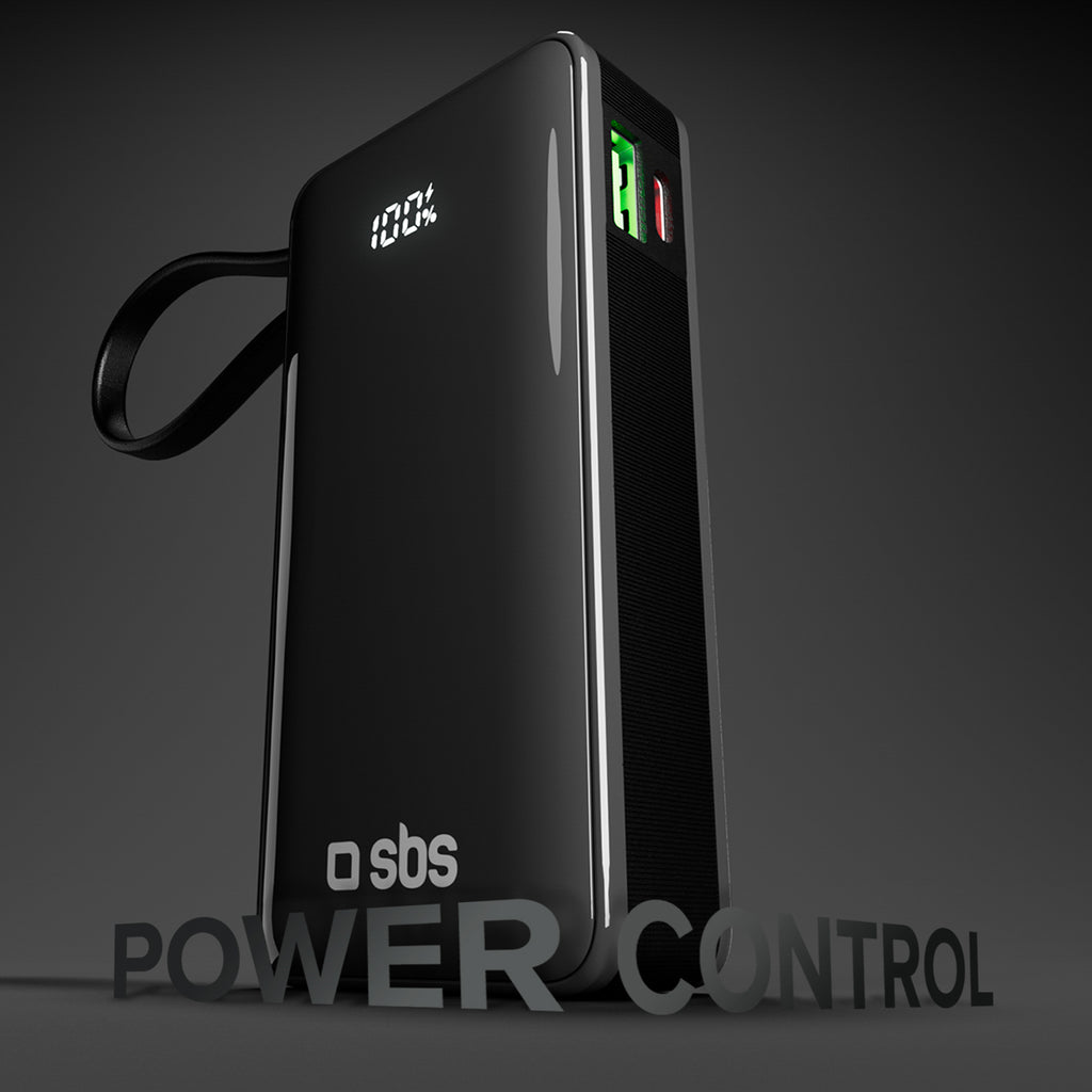 SBS išorinė baterija 10000 mAh 20W su integruotu USB-C laidu ir skaitmeniniu ekranu juoda