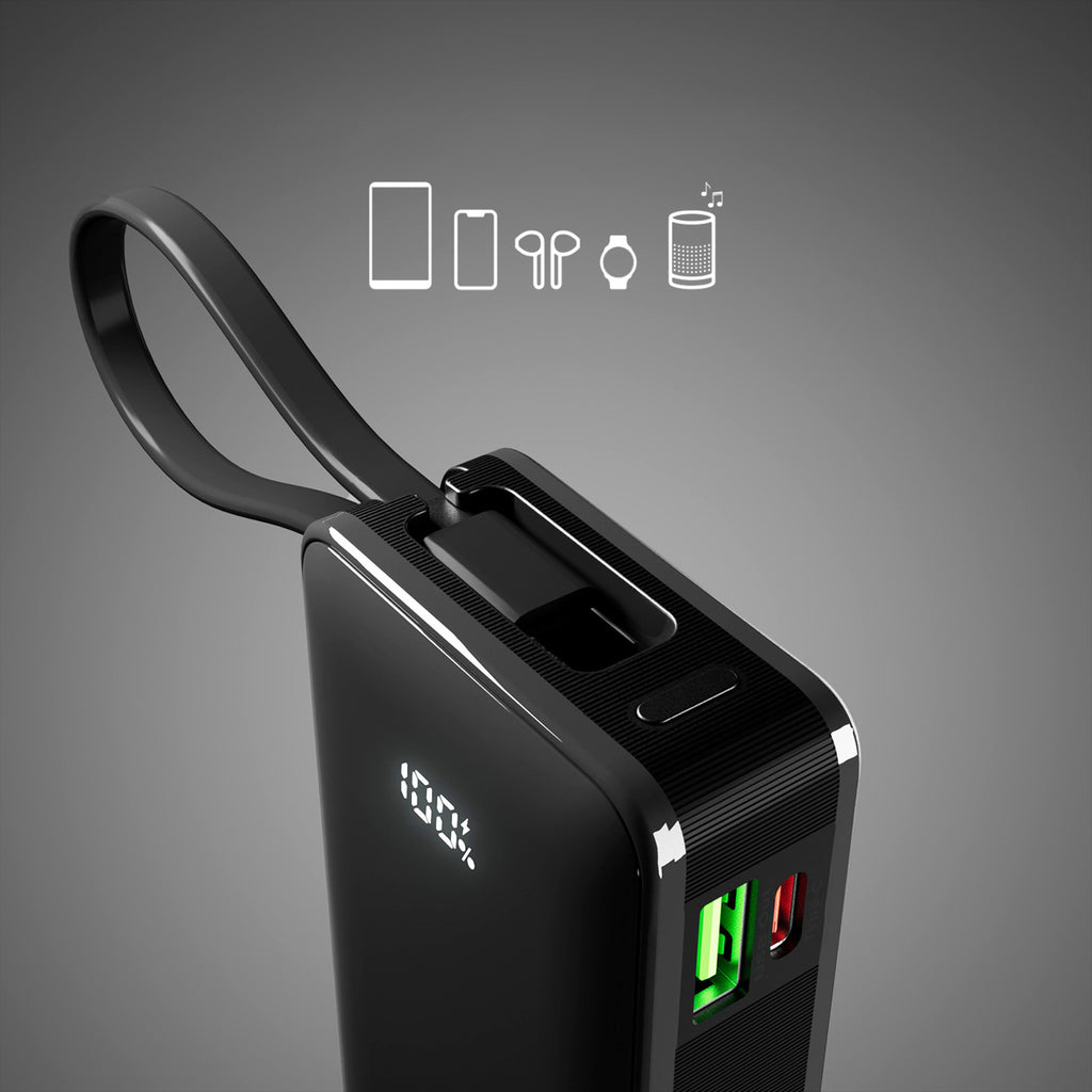 SBS išorinė baterija 10000 mAh 20W su integruotu USB-C laidu ir skaitmeniniu ekranu juoda