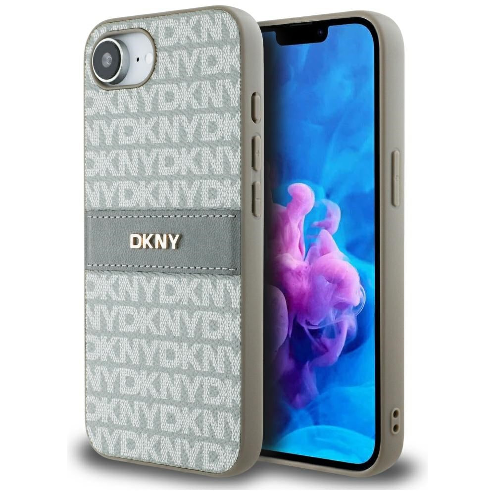DKNY Mono Stripe & Metal Logo dėklas iPhone 16e – smėlinis