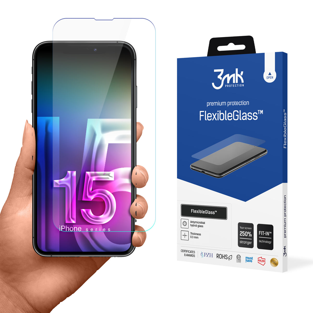 Hibridinis stiklas 3mk FlexibleGlass v2.0, skirtas Apple iPhone 15 Pro Max
