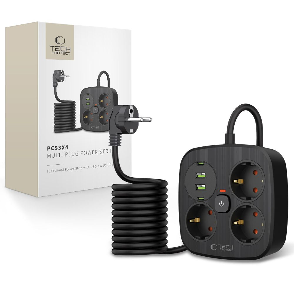 Tech-Protect PCS3X4 maitinimo ilgintuvas, 3 lizdai, 2xUSB-A, 2xUSB-C 200 cm - juodas -- Cell phone cables