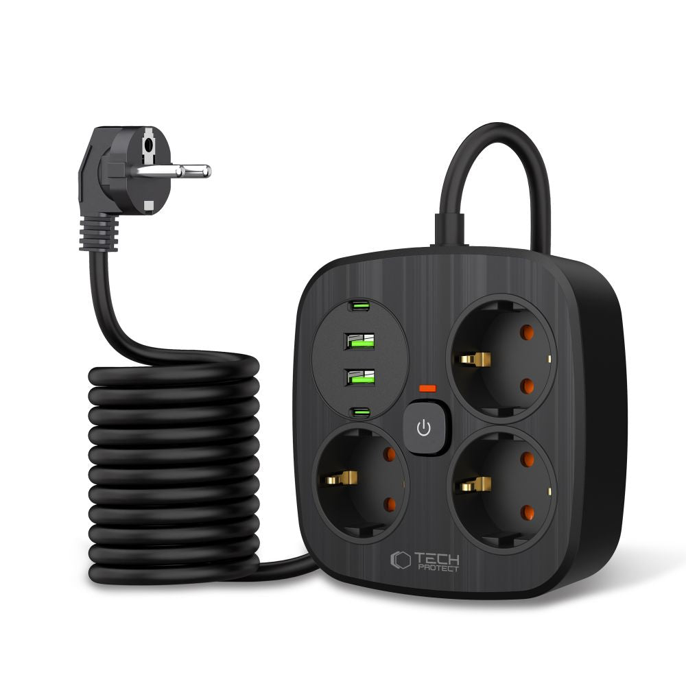 Tech-Protect PCS3X4 maitinimo ilgintuvas, 3 lizdai, 2xUSB-A, 2xUSB-C 200 cm - juodas -- Cell phone cables