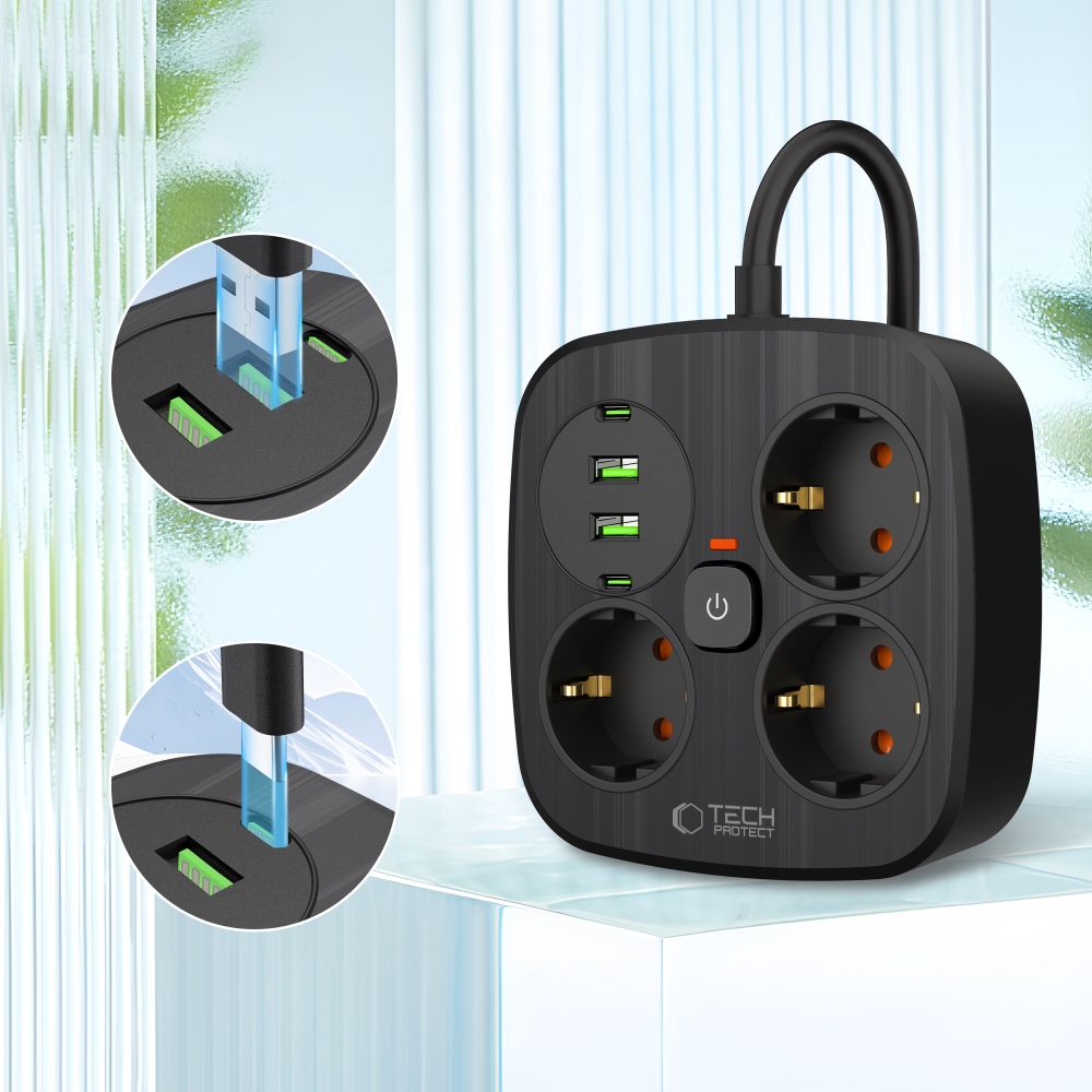 Tech-Protect PCS3X4 maitinimo ilgintuvas, 3 lizdai, 2xUSB-A, 2xUSB-C 200 cm - juodas -- Cell phone cables