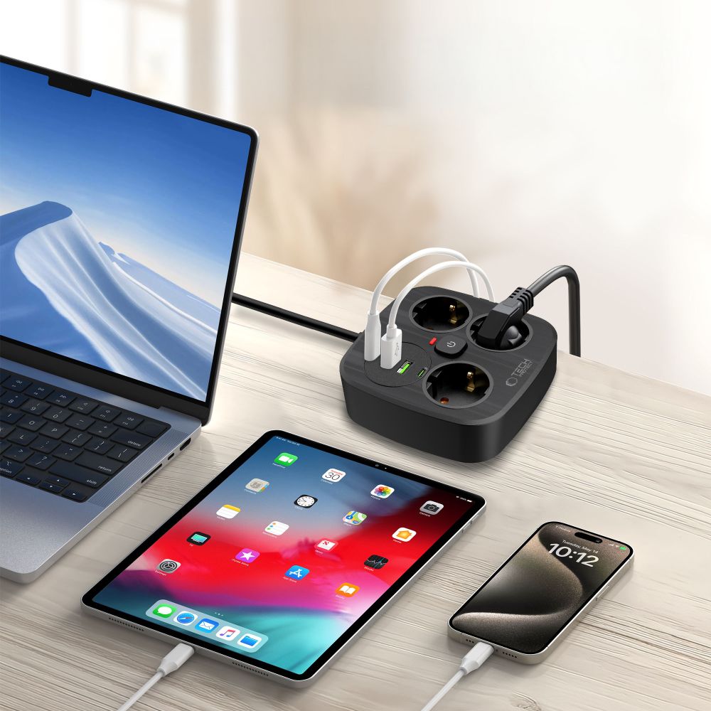 Tech-Protect PCS3X4 maitinimo ilgintuvas, 3 lizdai, 2xUSB-A, 2xUSB-C 200 cm - juodas -- Cell phone cables