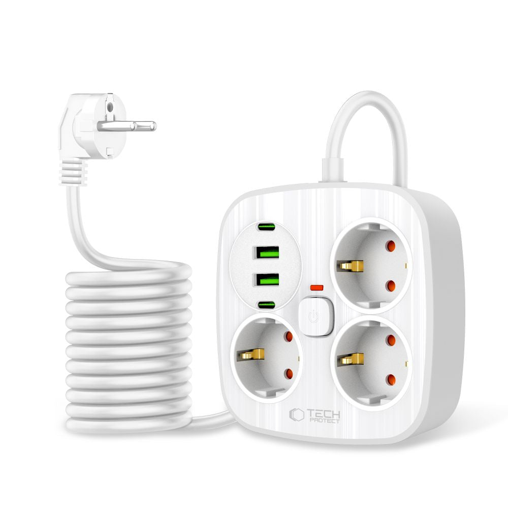 Tech-Protect PCS3X4 maitinimo ilgintuvas, 3 lizdai, 2xUSB-A, 2xUSB-C 200 cm - baltas -- Cell phone cables