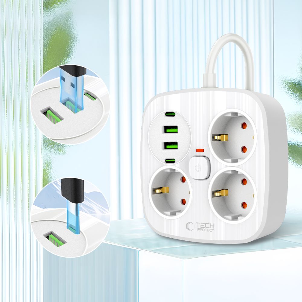 Tech-Protect PCS3X4 maitinimo ilgintuvas, 3 lizdai, 2xUSB-A, 2xUSB-C 200 cm - baltas -- Cell phone cables