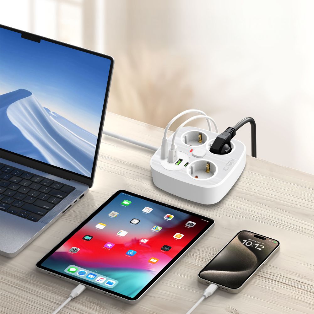 Tech-Protect PCS3X4 maitinimo ilgintuvas, 3 lizdai, 2xUSB-A, 2xUSB-C 200 cm - baltas -- Cell phone cables
