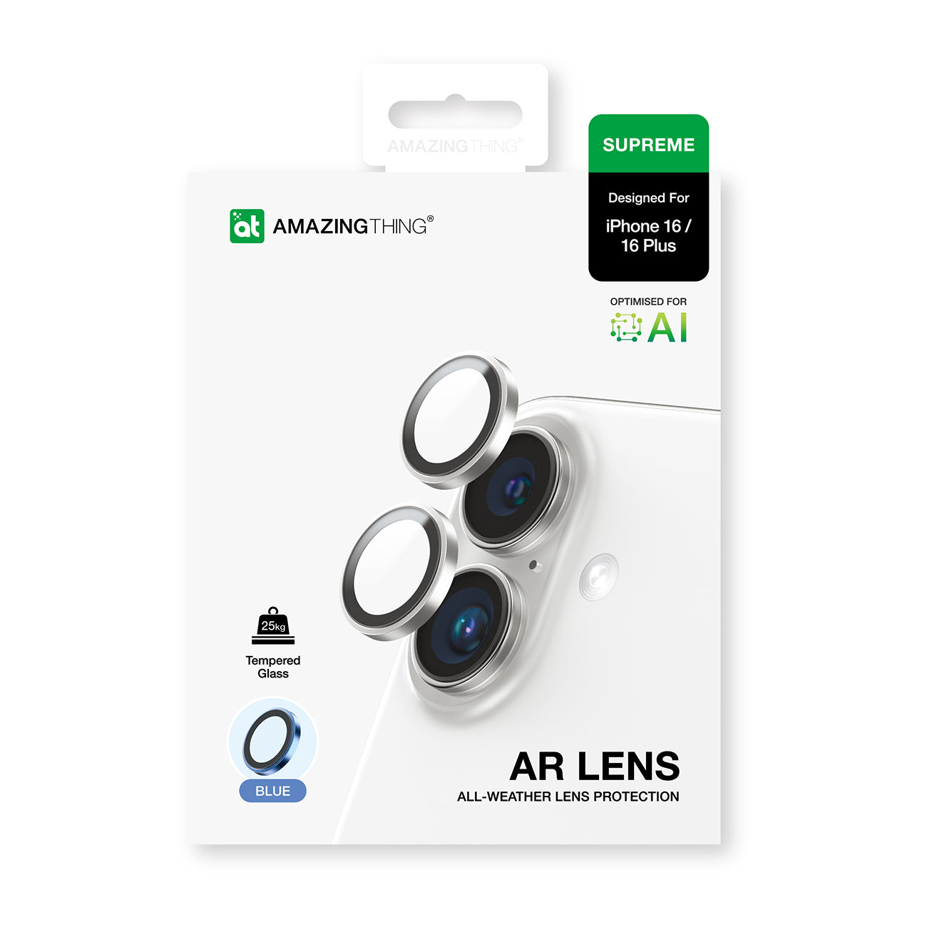 AmazingThing kameros stiklas iPhone 16/16 Plus – mėlynas