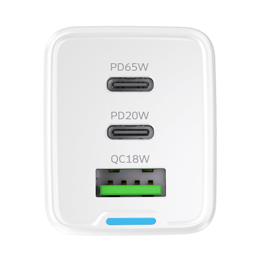 Wozinsky GaN 65W įkroviklis su USB-A 2xUSB-C jungtimis su 65W USB-C laidu - baltas