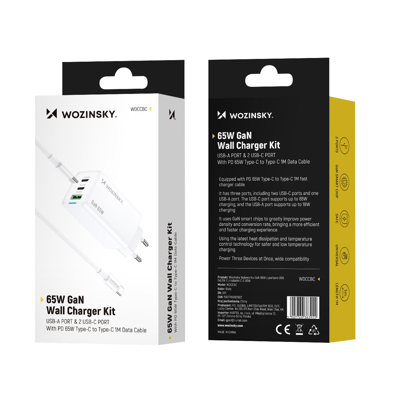 Wozinsky GaN 65W įkroviklis su USB-A 2xUSB-C jungtimis su 65W USB-C laidu - baltas