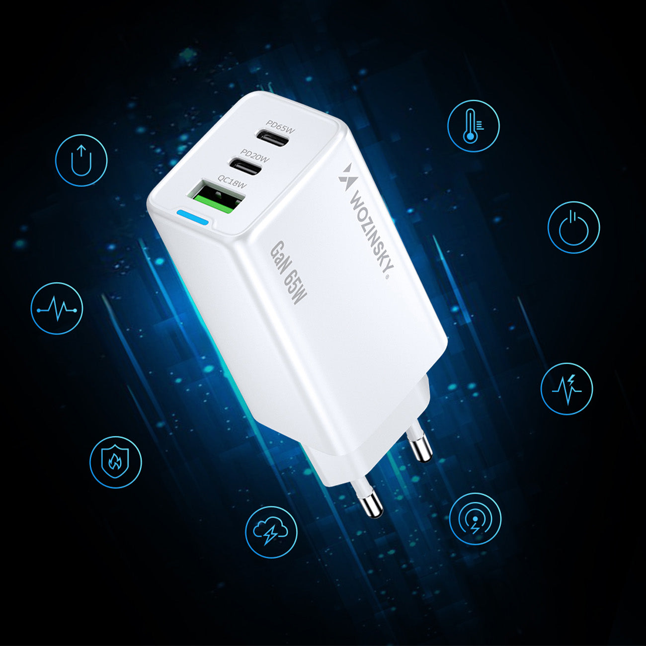 Wozinsky GaN 65W įkroviklis su USB-A 2xUSB-C jungtimis su 65W USB-C laidu - baltas