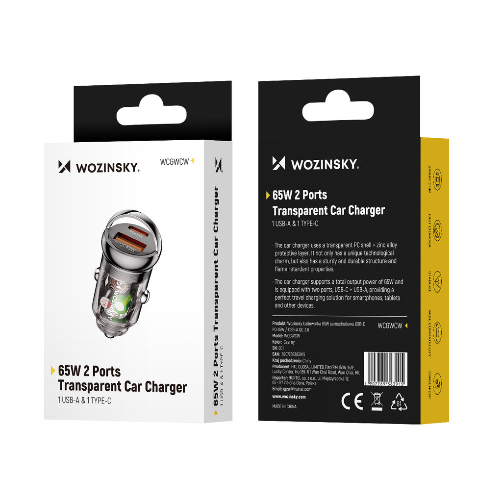 Wozinsky automobilių įkroviklis 65W USB-C PD 65W / USB-A 45W QC 3.0, juodas