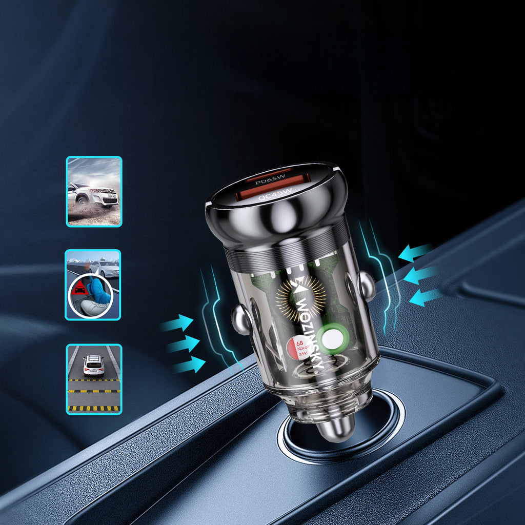 Wozinsky automobilių įkroviklis 65W USB-C PD 65W / USB-A 45W QC 3.0, juodas