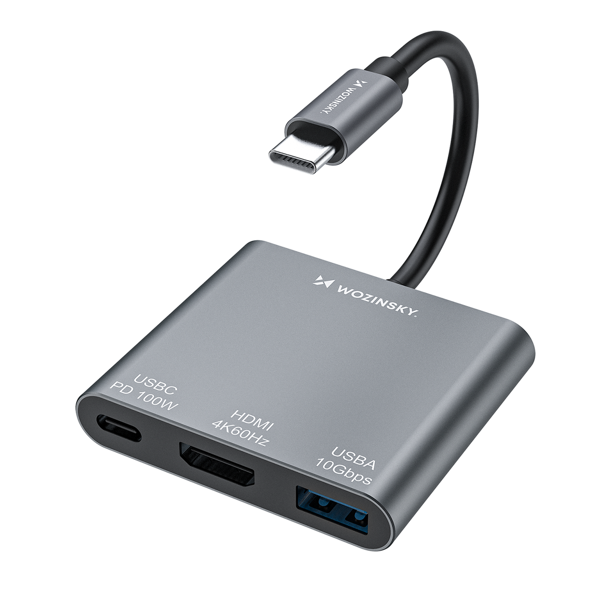 Sujungtuvas Wozinsky WHCH-01 USB-C PD 100W HDMI 4K@30Hz USB-A 10Gbps - pilka -- USB Hubs
