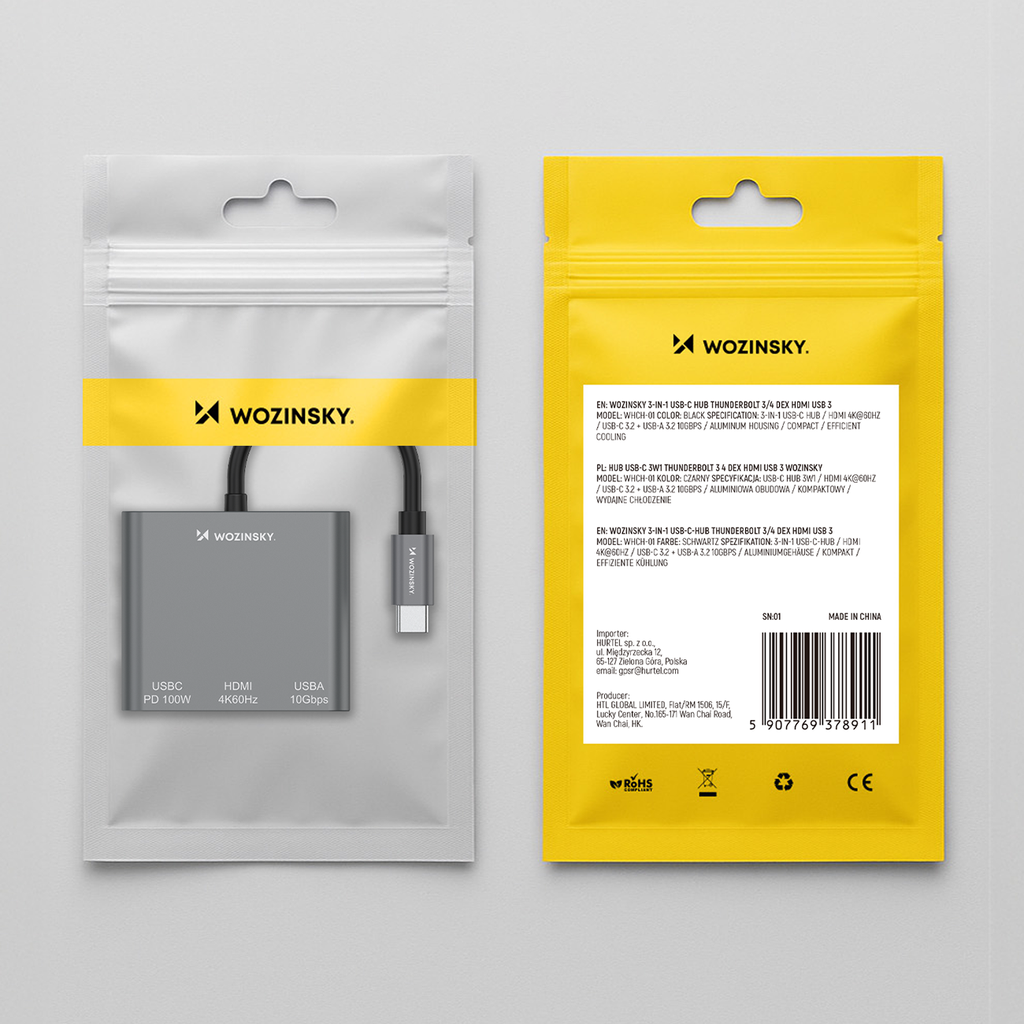 Sujungtuvas Wozinsky WHCH-01 USB-C PD 100W HDMI 4K@30Hz USB-A 10Gbps - pilka -- USB Hubs