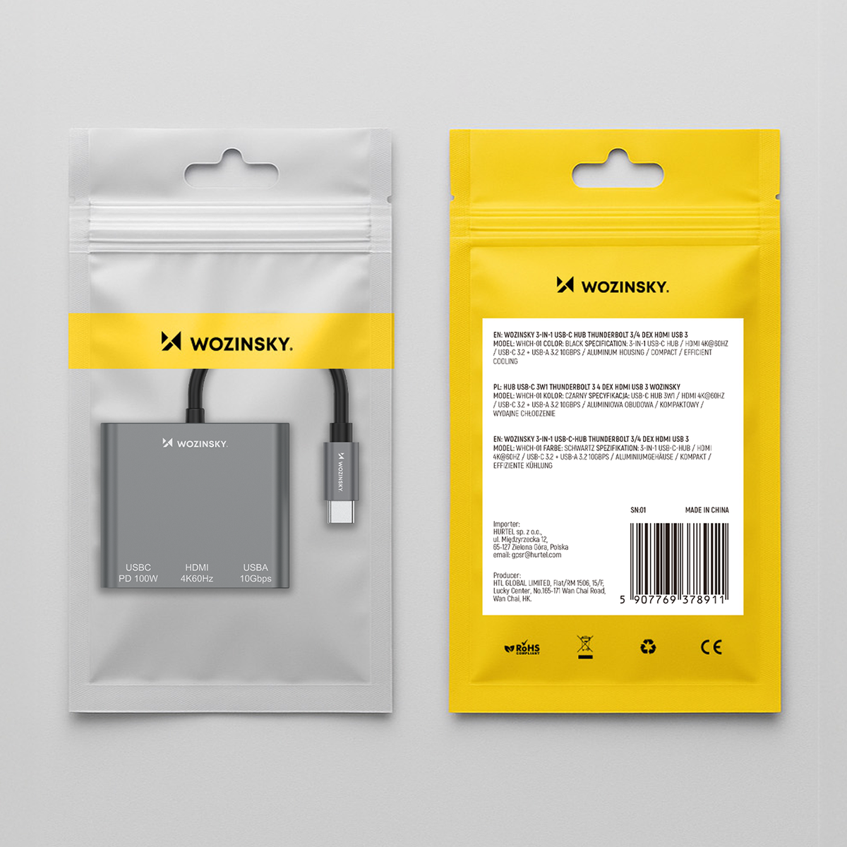 Sujungtuvas Wozinsky WHCH-01 USB-C PD 100W HDMI 4K@30Hz USB-A 10Gbps - pilka -- USB Hubs