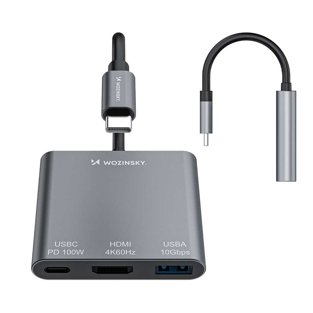 Sujungtuvas Wozinsky WHCH-01 USB-C PD 100W HDMI 4K@30Hz USB-A 10Gbps - pilka -- USB Hubs