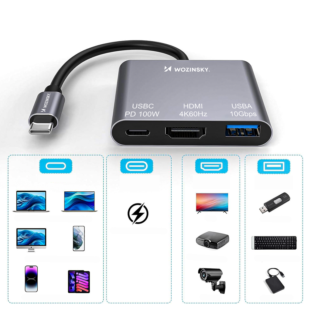 Sujungtuvas Wozinsky WHCH-01 USB-C PD 100W HDMI 4K@30Hz USB-A 10Gbps - pilka -- USB Hubs