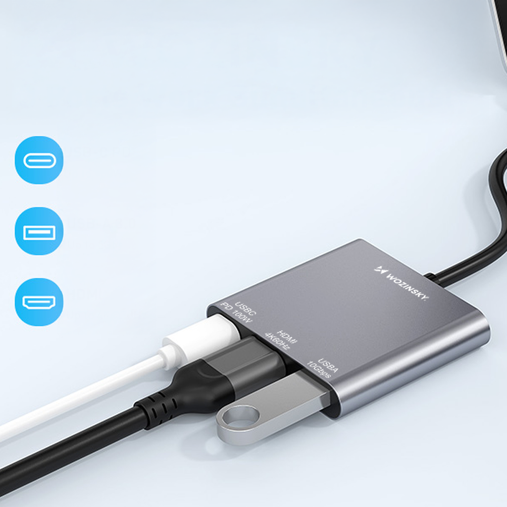 Sujungtuvas Wozinsky WHCH-01 USB-C PD 100W HDMI 4K@30Hz USB-A 10Gbps - pilka -- USB Hubs