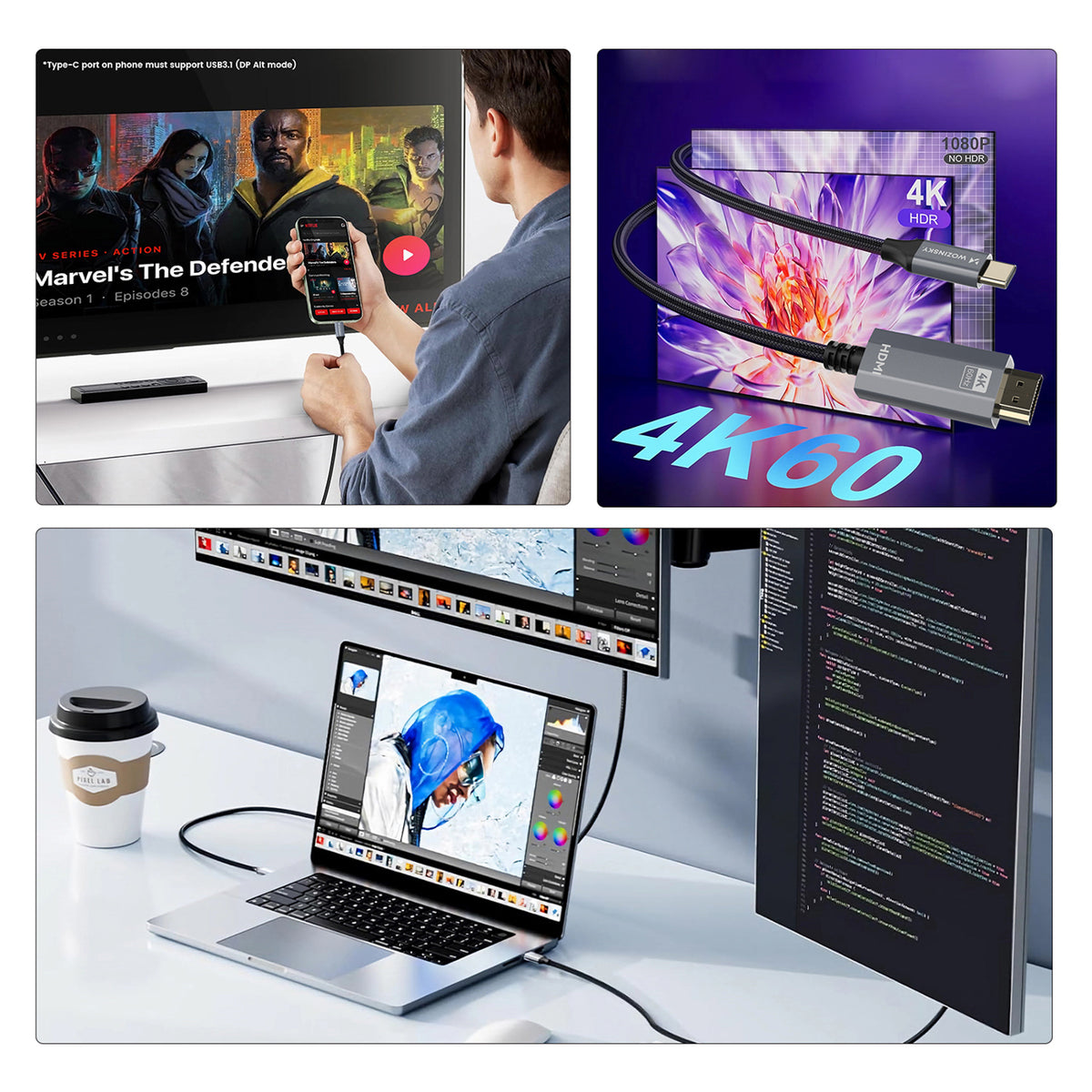 Wozinsky WCCH-01 USB-C - HDMI 4K 60Hz kabelis 1,8m - juodas -- Video Cables