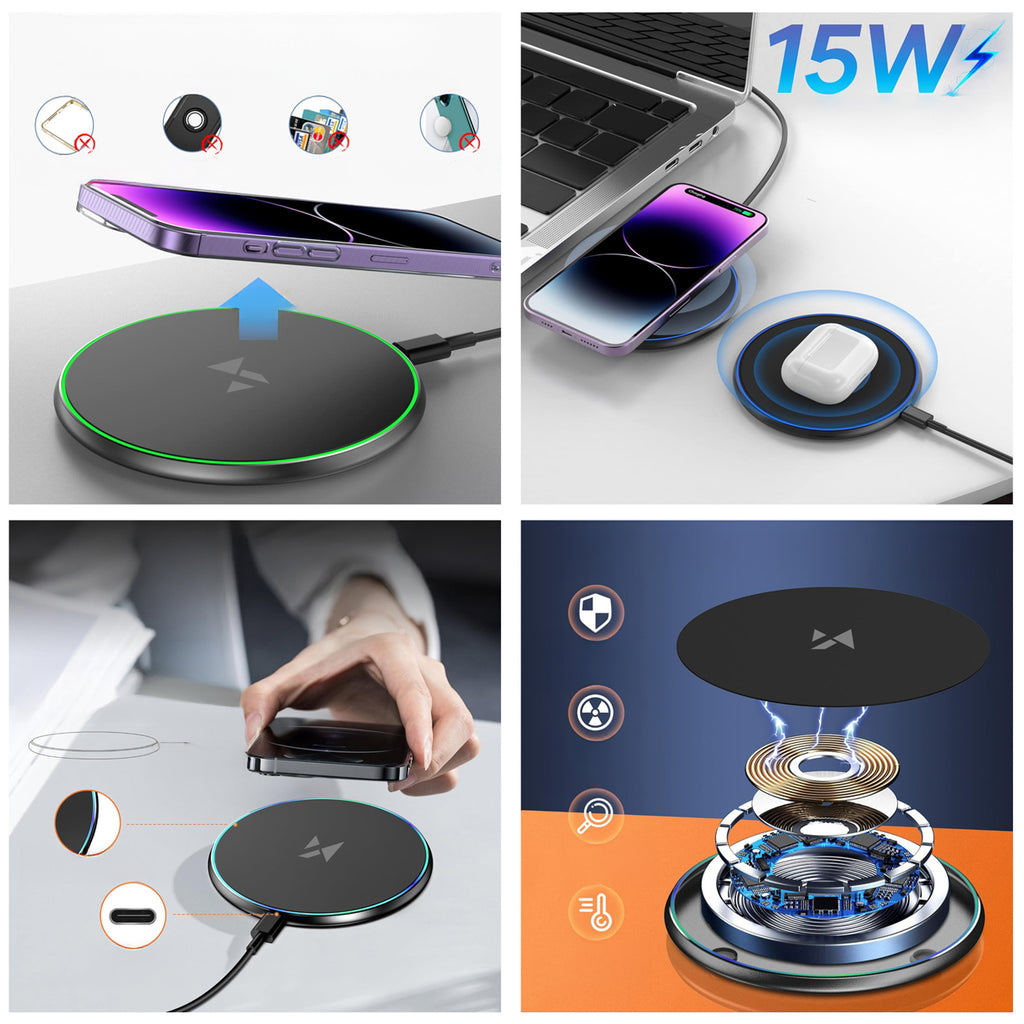 Wozinsky indukcinis įkroviklis WLI-01Y 15W Qi su USB-C laidu - juodas