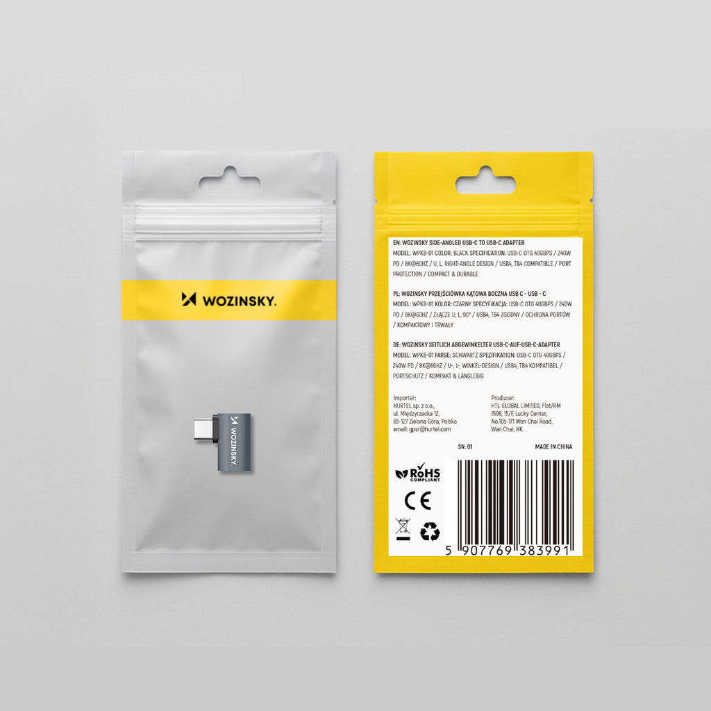Wozinsky WPKB-01 USB-C - USB-C 40Gb/s 240W 8K OTG šoninis kampuotas adapteris - pilka -- USB Adapters