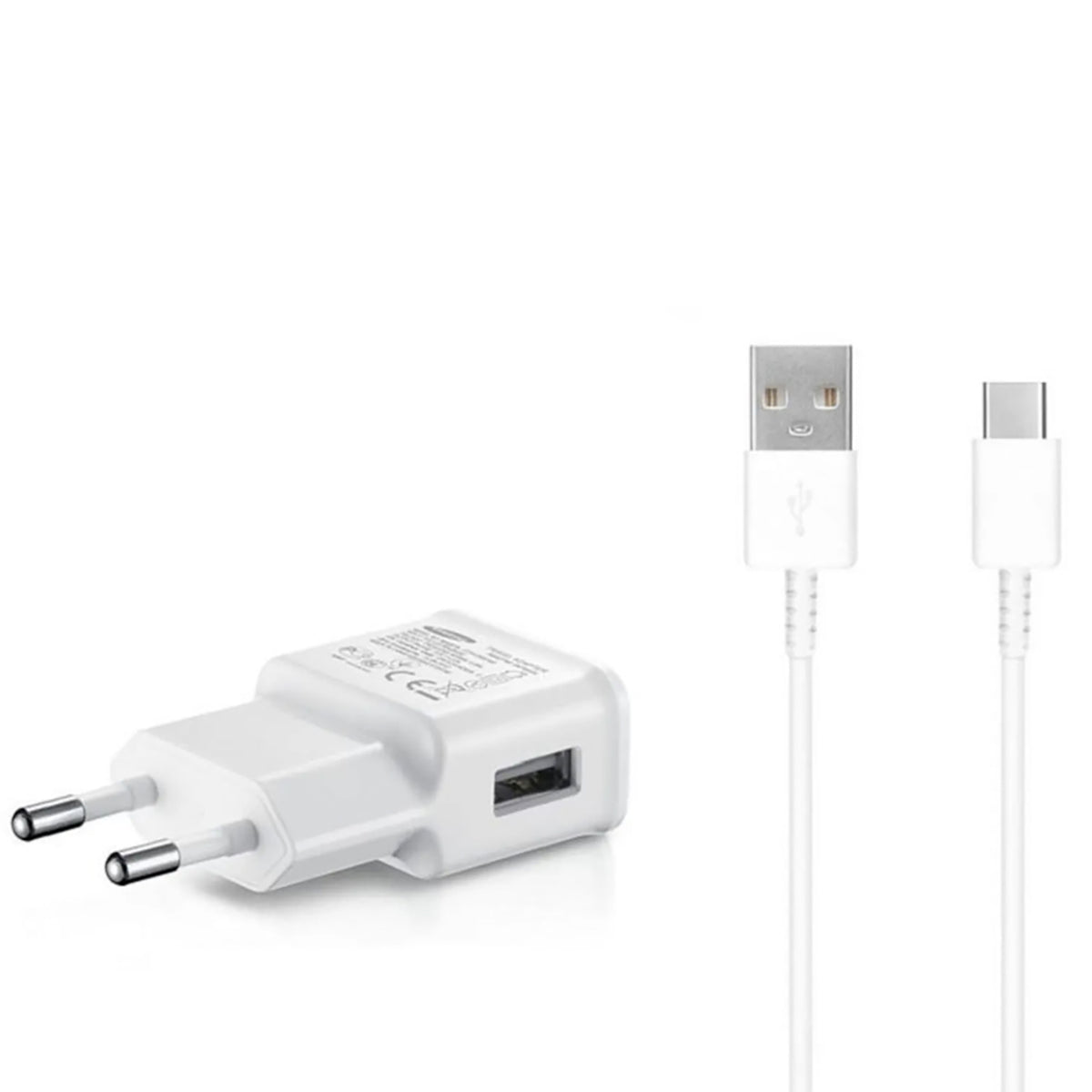 Samsung EP-TA200EWE USB-A 15W sieninis įkroviklis su EP-DR140AWE USB-A - USB-C laidu (OOB Bulk - pakaitinė pakuotė) - baltas