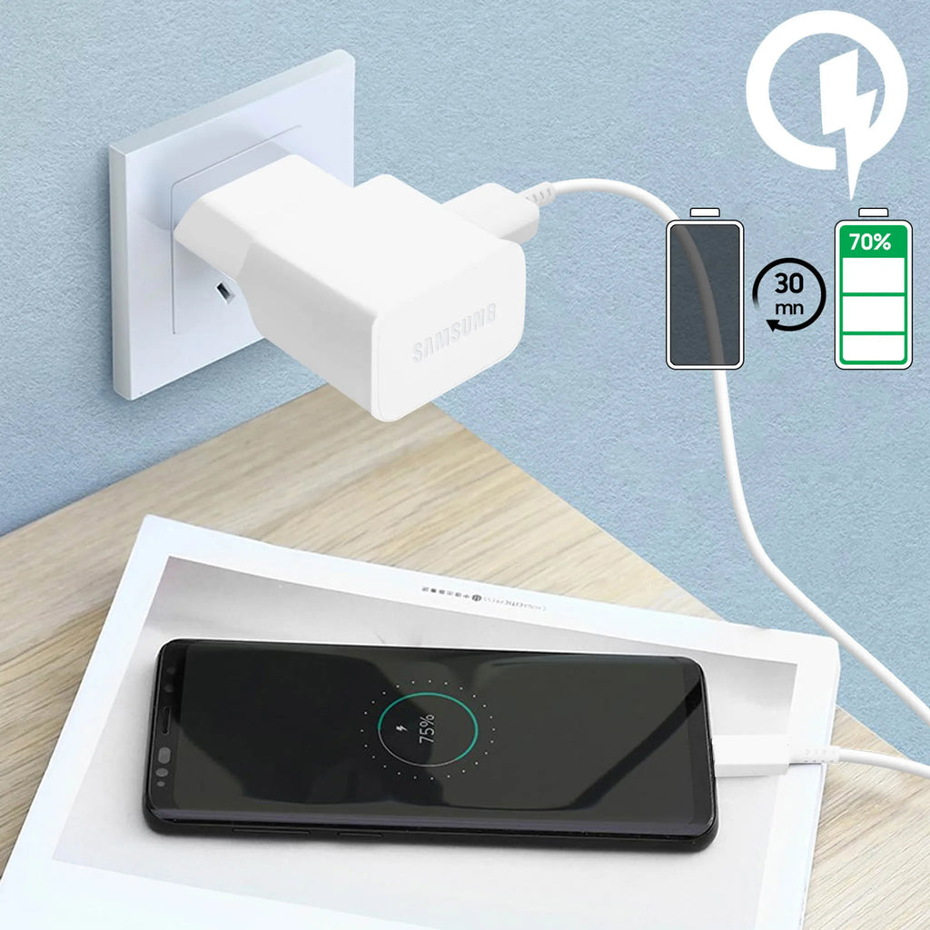 Samsung EP-TA200EWE USB-A 15W sieninis įkroviklis su EP-DR140AWE USB-A - USB-C laidu (OOB Bulk - pakaitinė pakuotė) - baltas