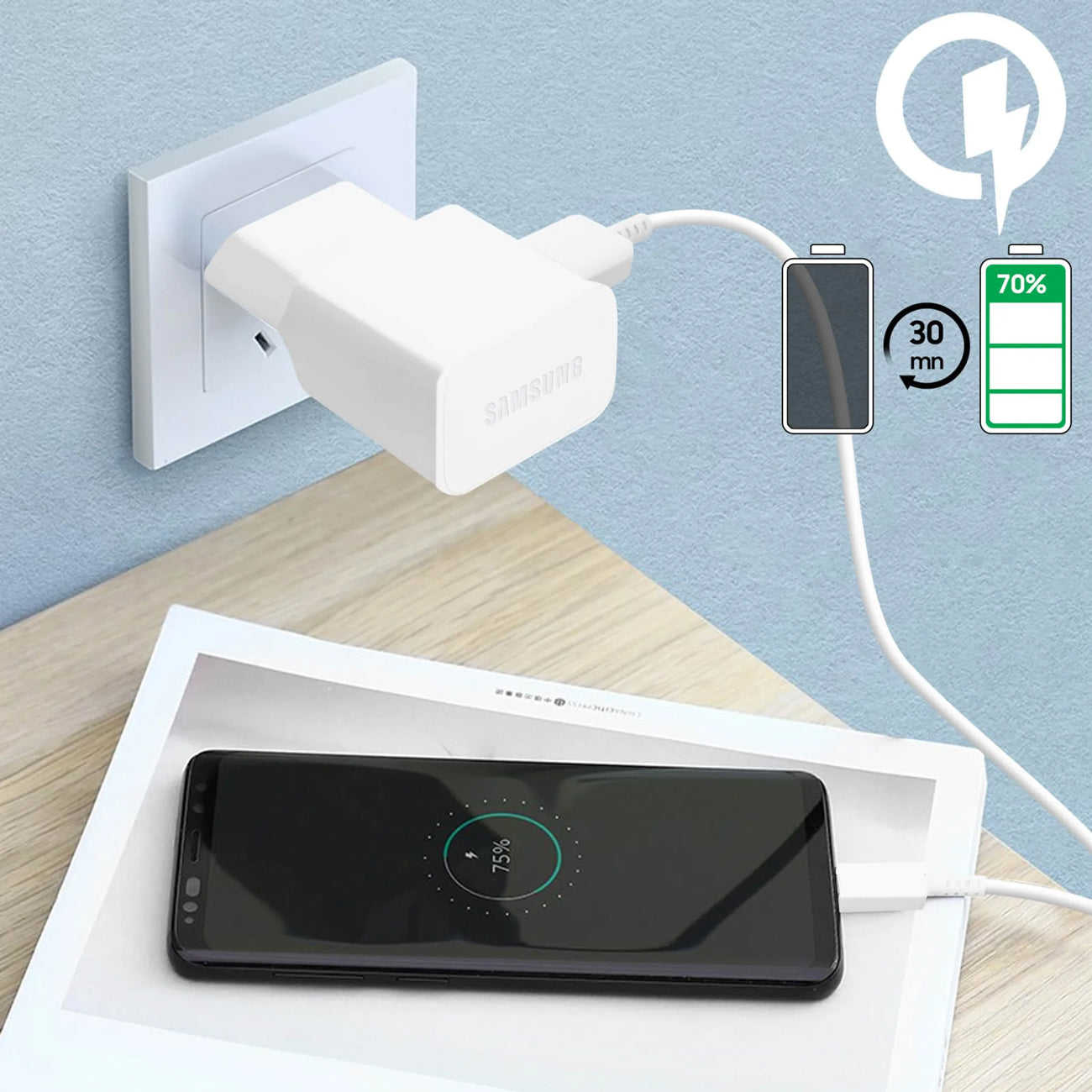 Samsung EP-TA200EWE USB-A 15W sieninis įkroviklis su EP-DR140AWE USB-A - USB-C laidu (OOB Bulk - pakaitinė pakuotė) - baltas