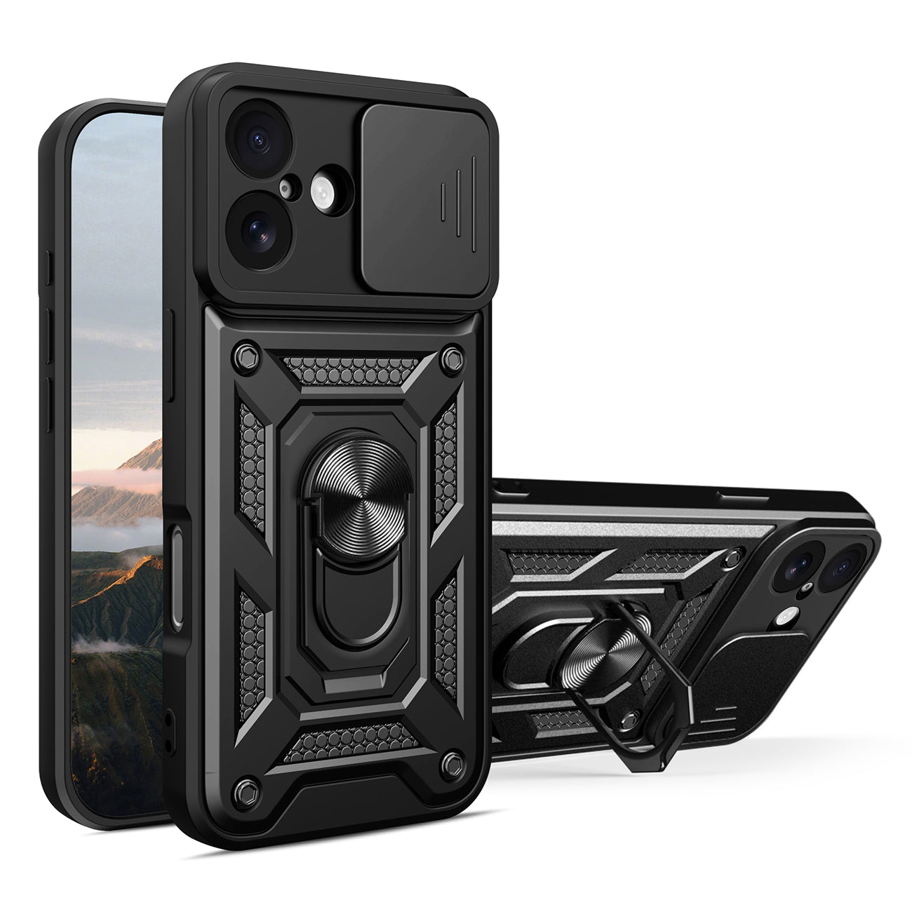 Hybrid Armor Camshield iPhone 17 dėklas su stovu ir fotoaparato dangteliu – juodas