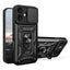 Hybrid Armor Camshield iPhone 17 dėklas su stovu ir fotoaparato dangteliu – juodas