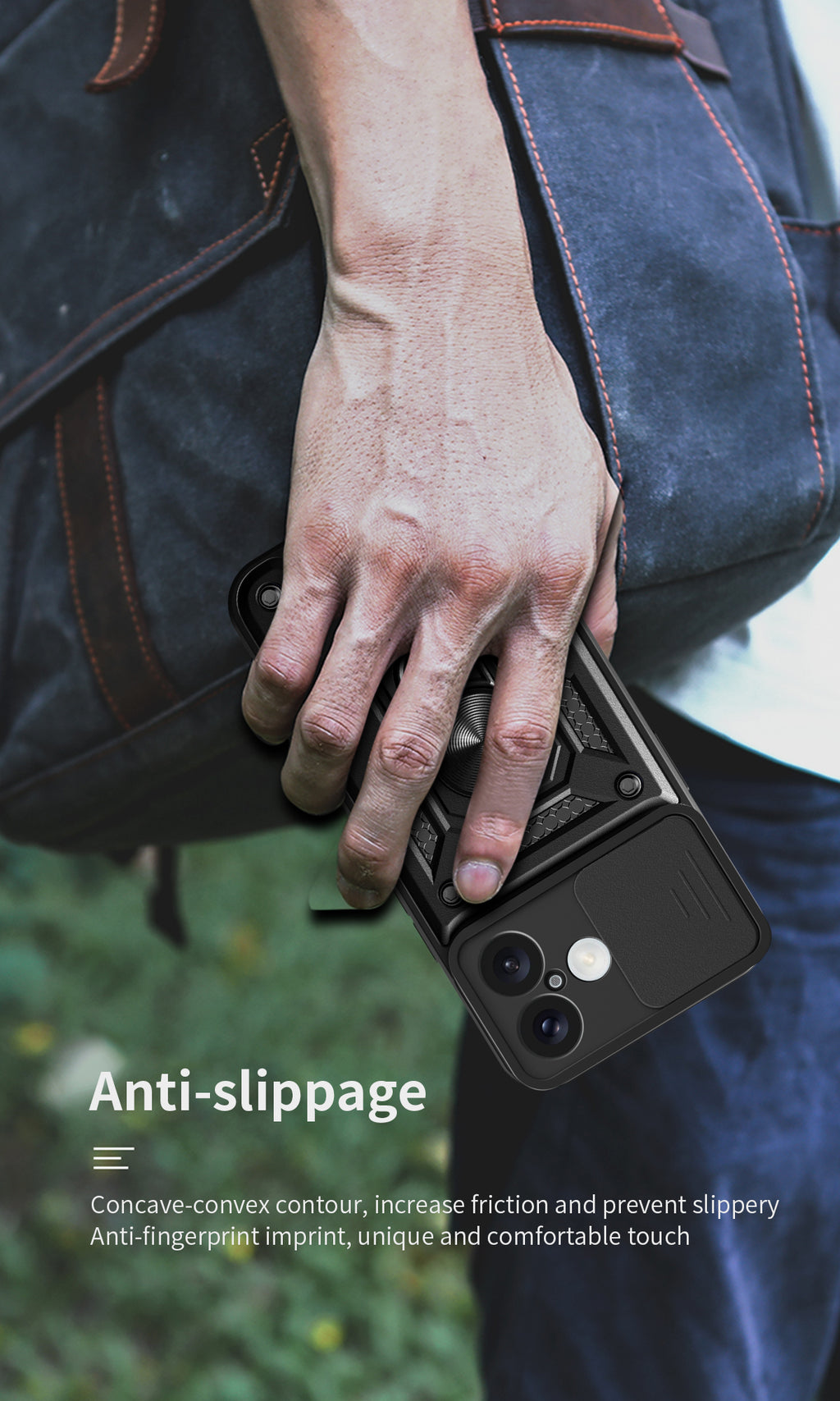 Hybrid Armor Camshield iPhone 17 dėklas su stovu ir fotoaparato dangteliu – juodas
