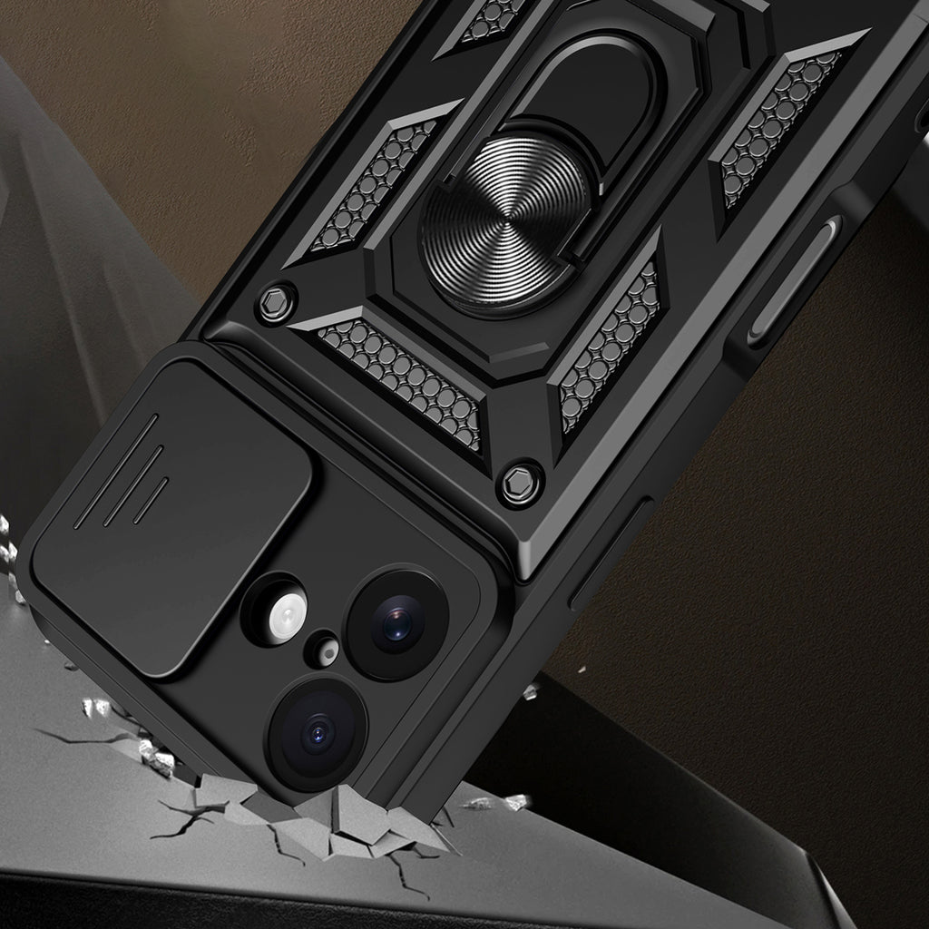 Hybrid Armor Camshield iPhone 17 dėklas su stovu ir fotoaparato dangteliu – juodas